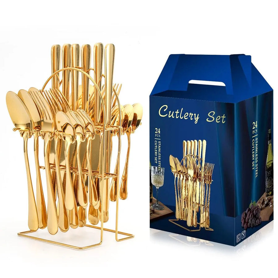 Complete 24-Piece Stainless Steel Cutlery Set with Holder & Gift Box